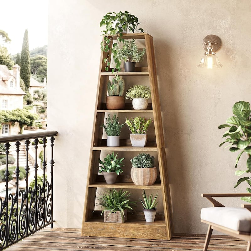 70.87 Inches Brown Engineered Wood Ladder Bookcase, 6 Tier Farmhouse Bookshelf for Living Room