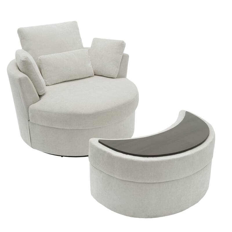 Chenille/Boucle Swivel Barrel Chair with Storage Ottoman