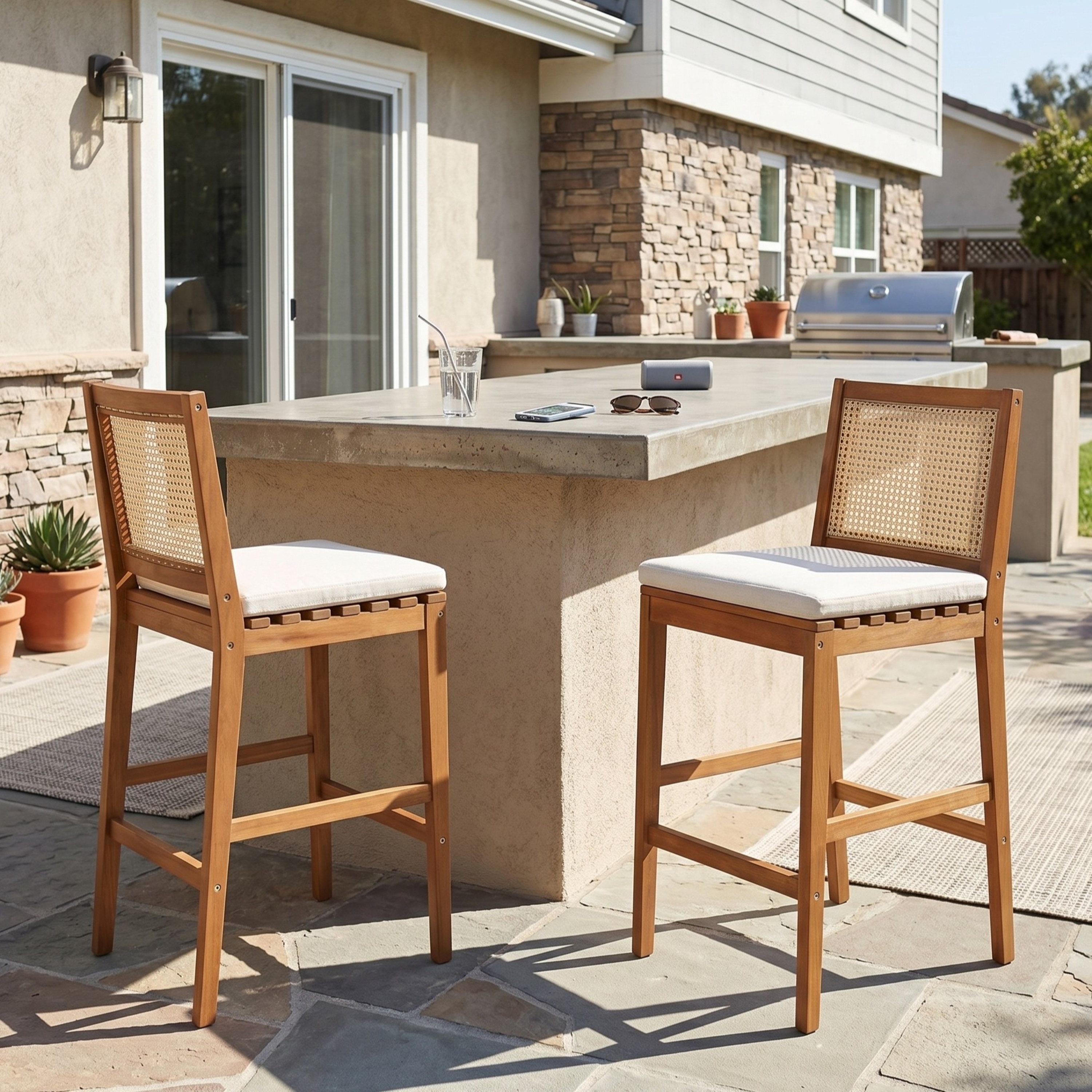 Christopher Knight Home - Kirkby Outdoor Barstool Chairs, Acacia Wood Frame with Wicker Backrest and Padded Cushion Seat