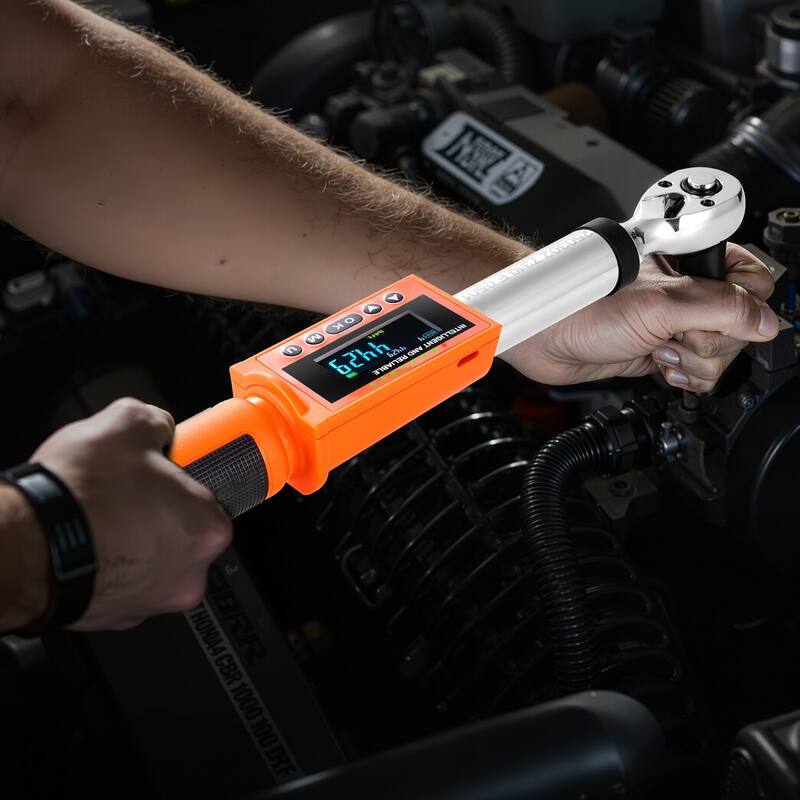 Black and Orange Digital Torque Wrench with LCD Display and Reversible Ratchet - 16.34 x 1.77 x 1.64 in