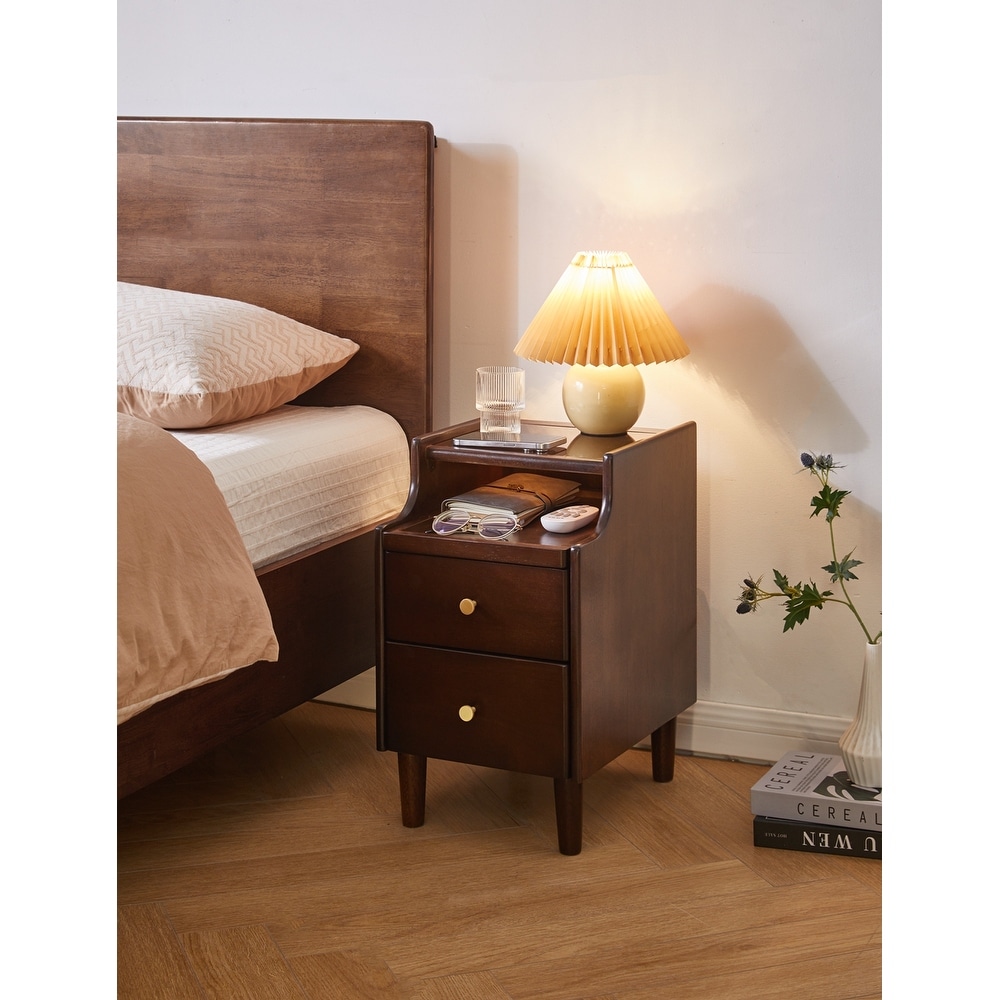 Solid Wood Nightstand with Two Drawers and Pull-out Panel Storage Bedside Table and Sofa Side Table