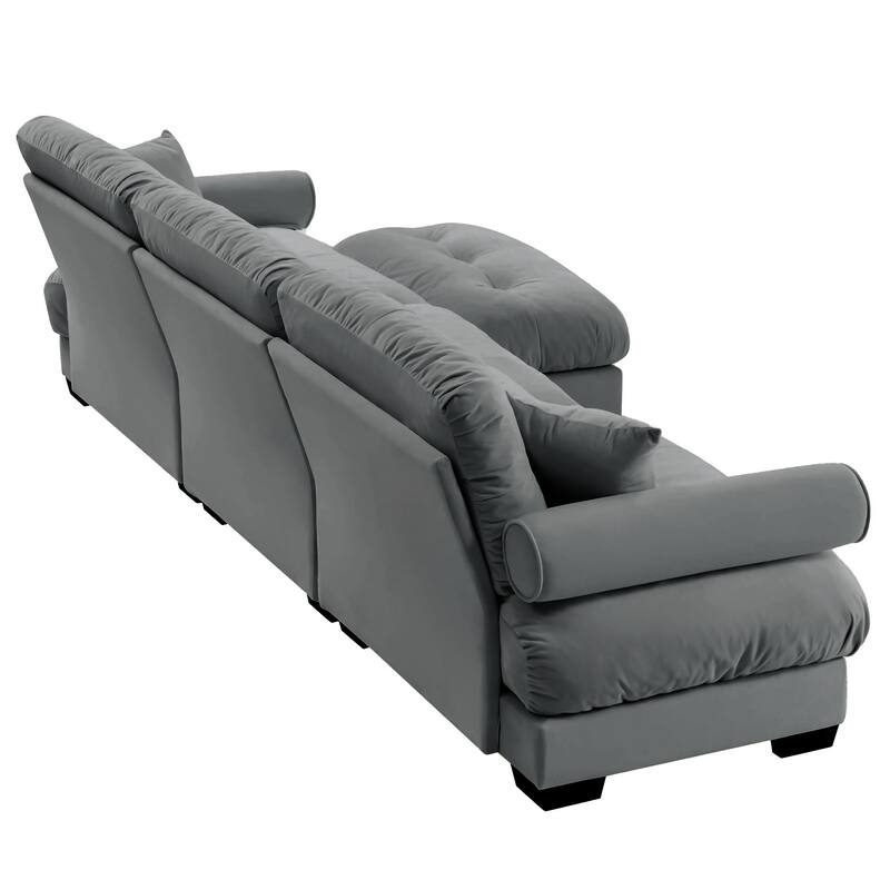 Modular Velvet Sectional Sofa Deep Seat L-Shaped Cloud Couch with Ottoman and Bolstered Armrests for Living Room