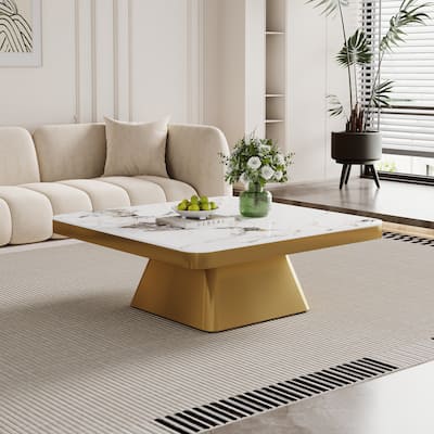 35.43" Modern Square Coffee Table, White Glossy Sintered Stone Table top, Gold Stainless Steel Legs