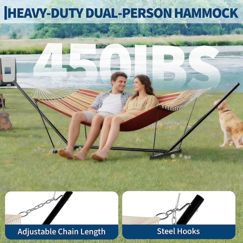 Portable Double Hammock with Stand for Outdoor Patio, Garden, Beach, Backyard, Max 450 Lbs Capacity