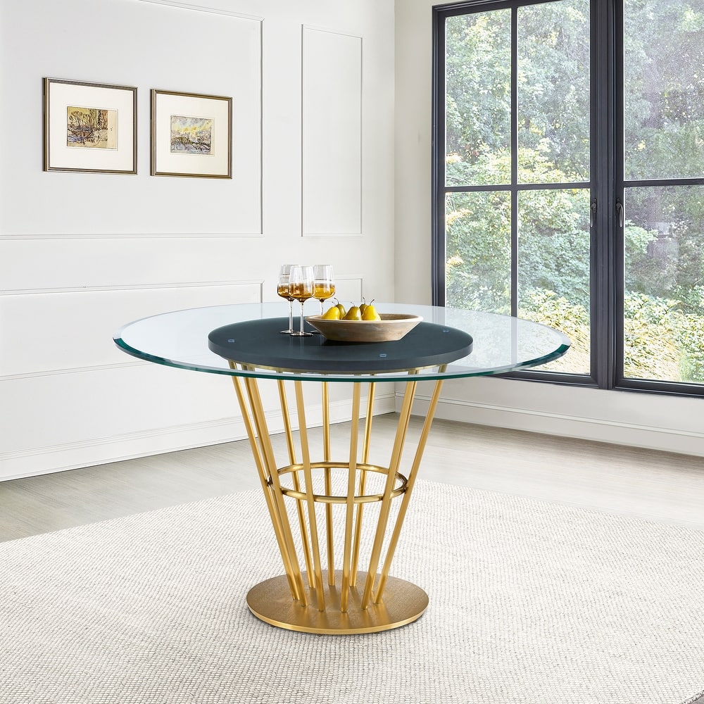 Veronica 48 inch Glass and Walnut Wood Round Dining Table with Metal Base