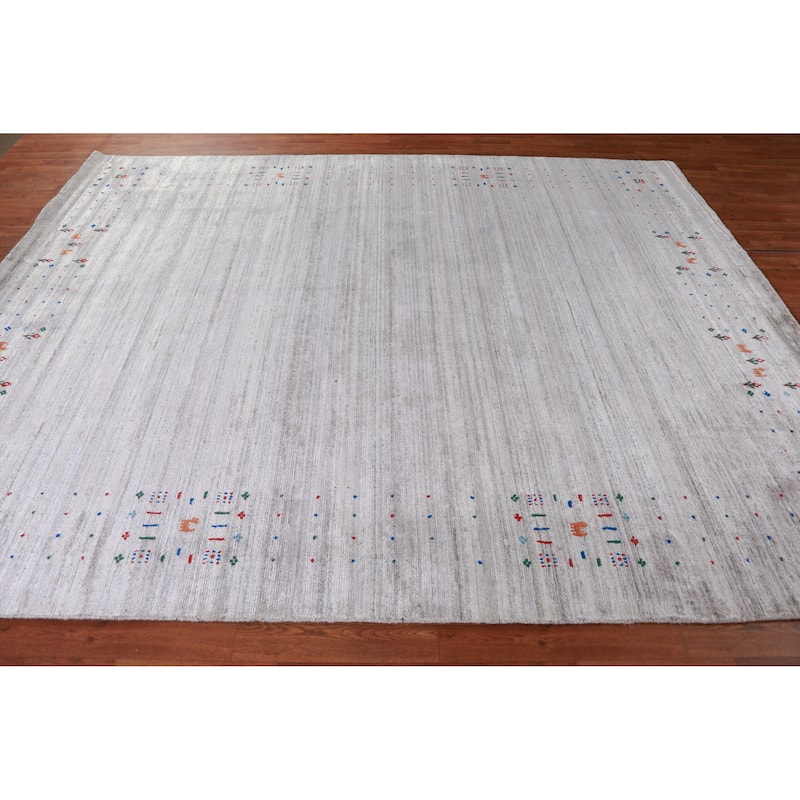 Hand Knotted Oriental Viscose Silk Carpet Tribal Stripe Greys & Charcoal Gabbeh Area Rug - 9' 11'' X 7' 10''
