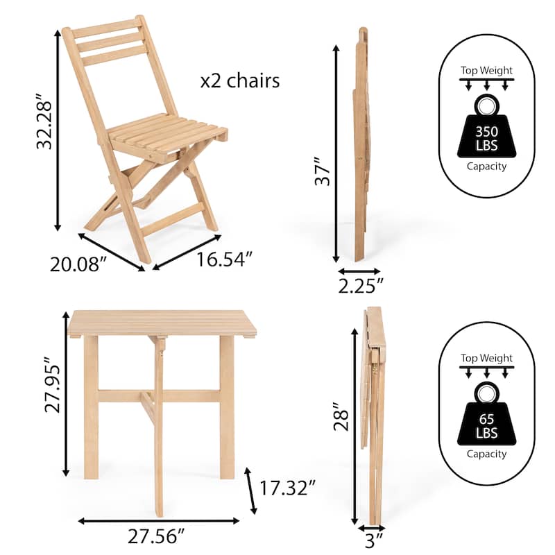 Sitges Modern Traditional 3-Piece Acacia Wood Outdoor Folding Bistro Set, Light Teak by JONATHAN Y