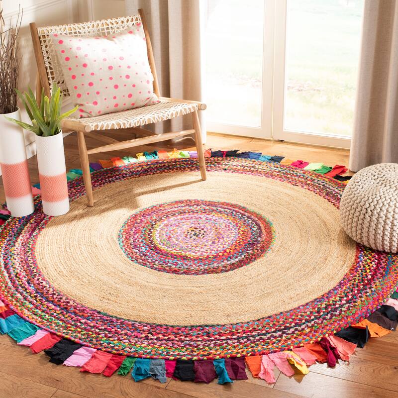 SAFAVIEH Handmade Cape Cod Wobke Jute Rug with Fringe - 3' Round - Multi/Natural