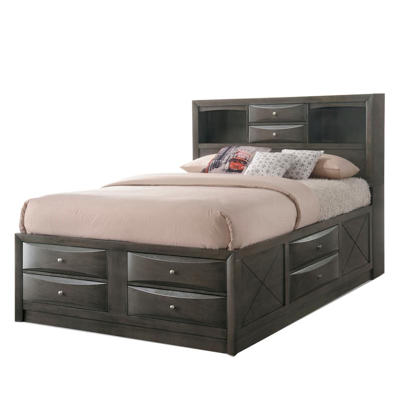 Panel Design Full Size Bed with Bookcase and Drawers, Taupe Brown