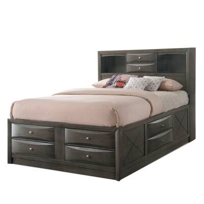 Panel Design Full Size Bed with Bookcase and Drawers, Taupe Brown