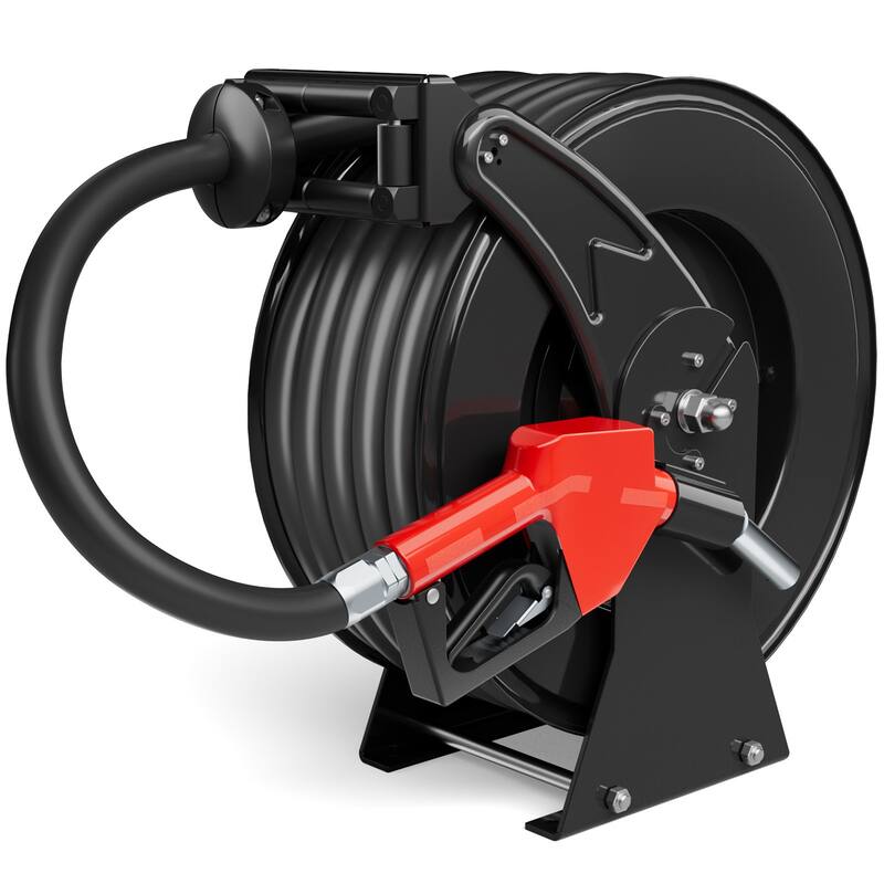 Fuel Hose Reel Retractable 3/4" x 50' 300 PSI Industrial Heavy Duty Diesel Fuel Hose Reel Steel Construction - Black