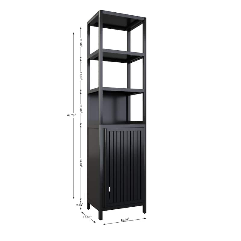 Slim Black Bathroom Storage Cabinet with Door and 3 Tiers, Natural Bamboo Freestanding Linen Tower Organizer