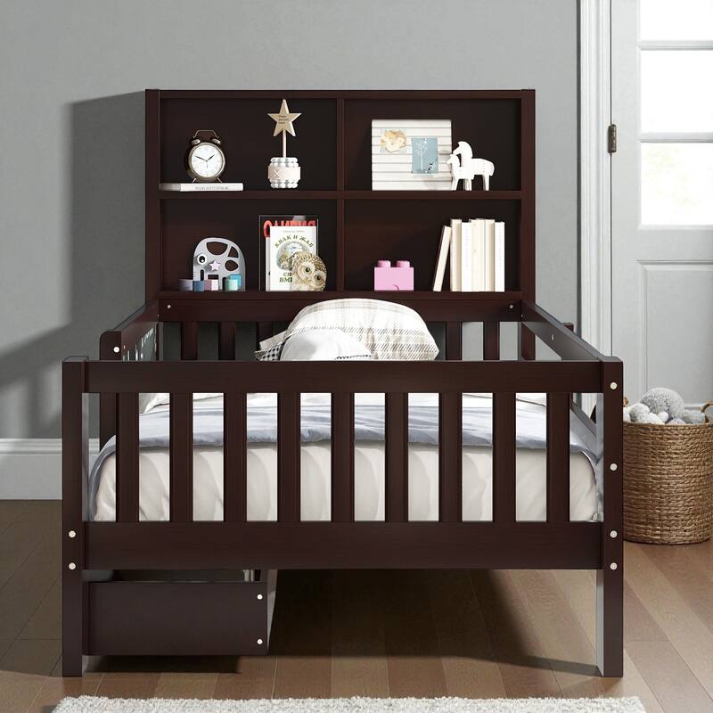 Twin/Full Solid Wood Platform Bed with Chalkboard Headboard, Storage Drawers and Shelves, Space-Saving Kids Bed