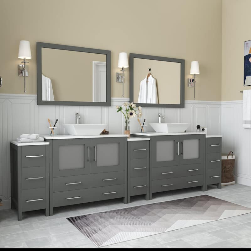 Vanity Art 108" Double Sink Bathroom Vanity Set with Engineered Marble Top and Free Mirrors