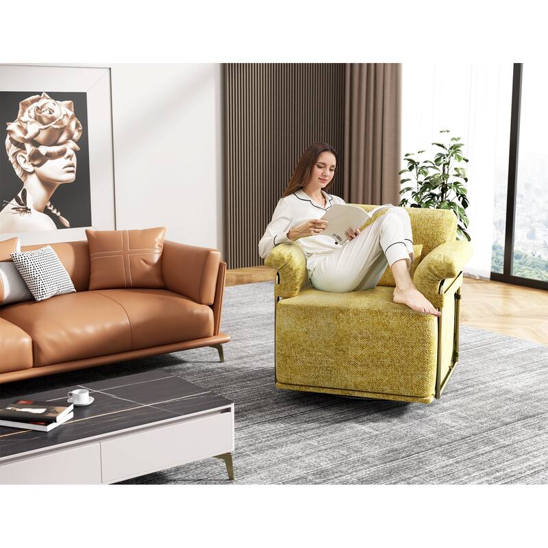 360 Swivel Accent Chair with Gold Metal Legs - Fluffy Fabric Upholstered Lounge Chair for Living Room, Bedroom or Office