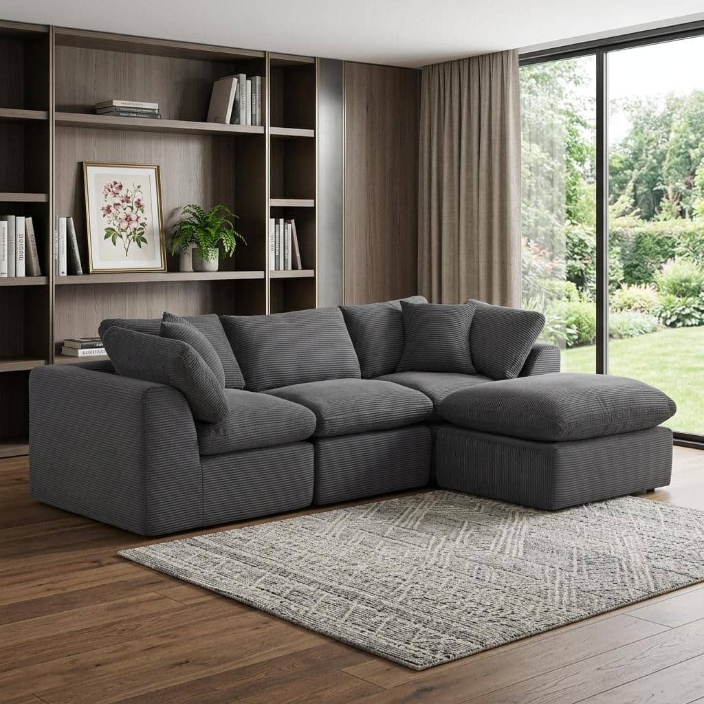 HomeRoots 108" Dark Gray Corduroy Modular Sofa With Ottoman And Toss Pillows