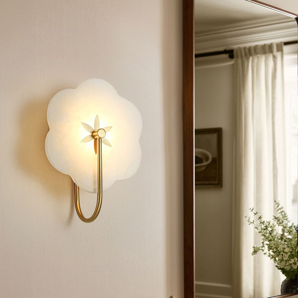 8.9" W Elegant Flower-Shaped Marble Integrated LED Vanity Wall Sconce with Brushed Gold Finish for Bathroom, Bedroom