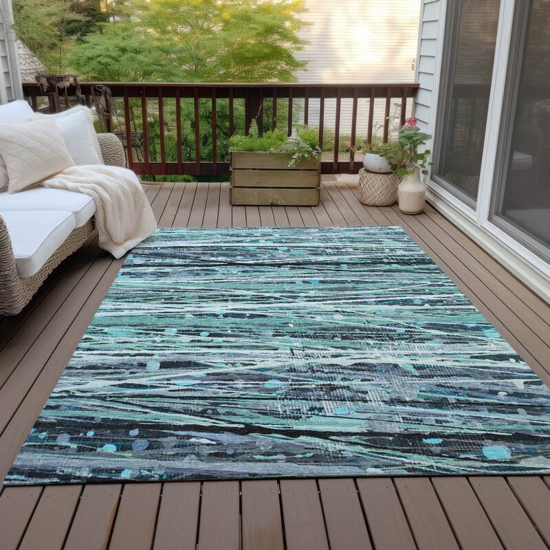 Machine Washable Indoor/Outdoor Abstract Stripes Chantille Rug - Teal - 8' x 10'