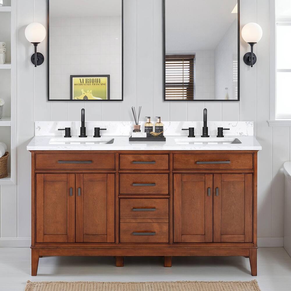 Madison 60 in. Double Sink Bathroom Vanity with Engineered Stone Top - 61" x 22"D x 35"H
