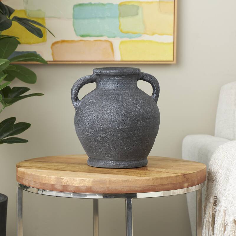 Ceramic Whitewashed Textured Amphora Decorative Vase with 2 Handles - Black - Roche River Decor