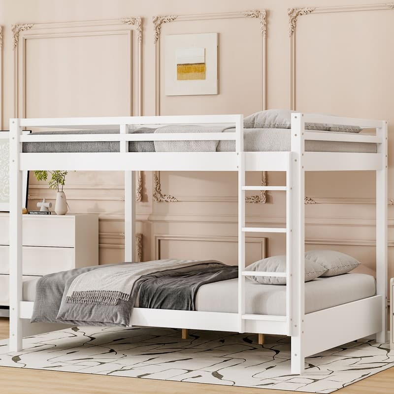 Queen Size Wooden Bunk Bed with Ladder - White