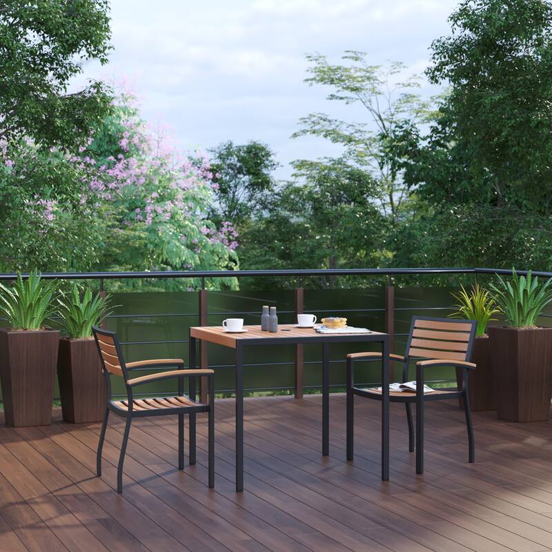 Black Steel Framed 36" Square Faux Teak Table with Umbrella Hole & 2 Club Chairs - 35.25"W x 35.25"D x 29.5"H - Teak