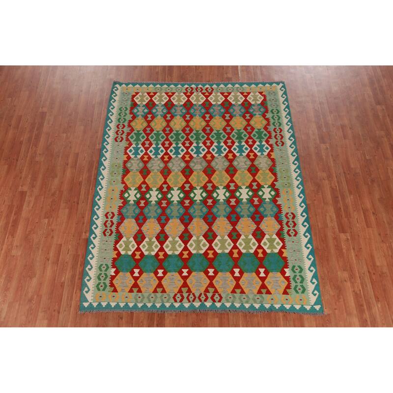 Hand Woven Oriental 100% Wool Carpet Southwestern All-Over Multi-Colored Kilim Area Rug - 8' 4'' X 6' 4''