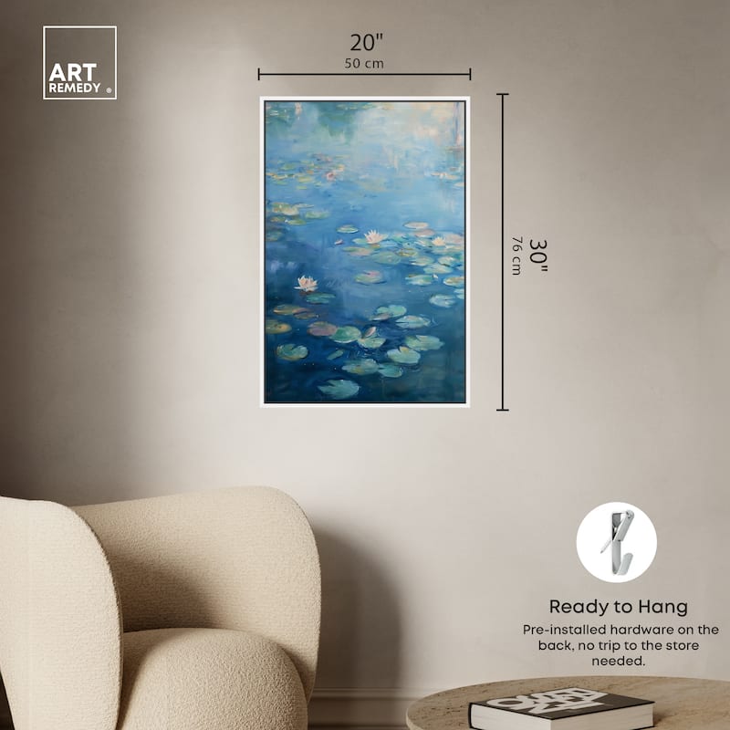 Art Remedy Lilypads In Blues Framed Impressionism 1 Piece Canvas Wall Art /Monet And Van Gogh Inspired Art