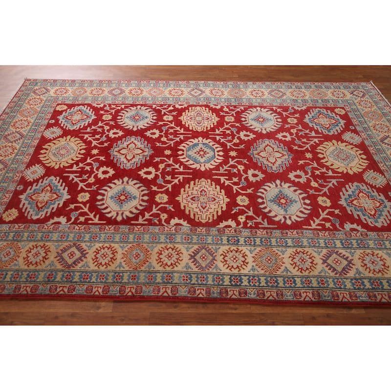Red Geometric Kazak Area Rug Handmade Oriental Wool Carpet - 6'0" x 8'10"