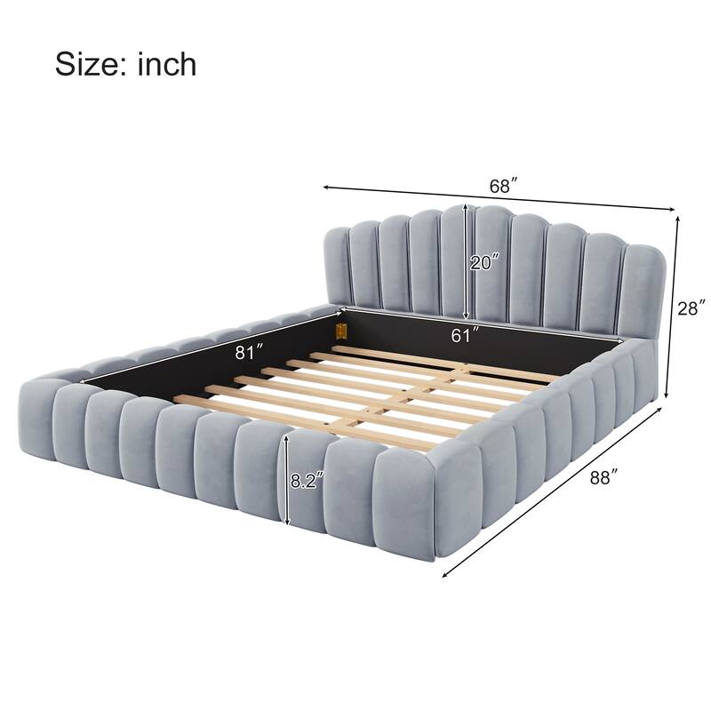 Velvet Upholstered Frame Floor Bed, Queen Size Platform Bed with Low Shell Shaped Wingback Headboard, Soft Frame Grounded Bed