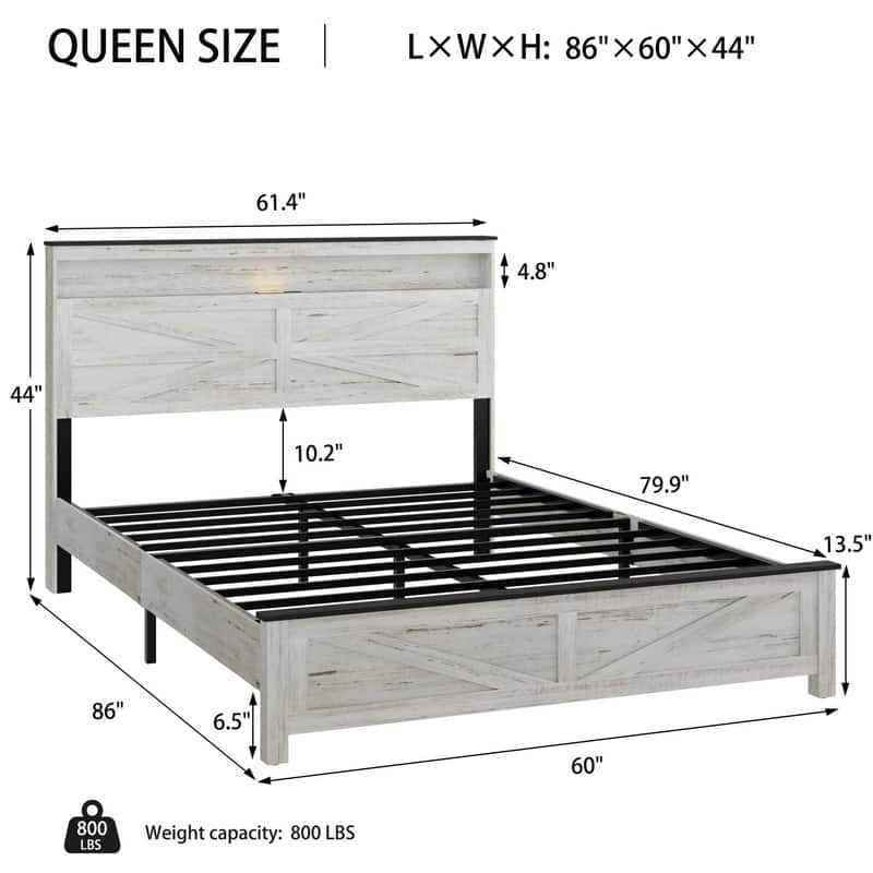 Full/ Queen/ King Size Farmhouse Style Wood Bed Frame w/ LED Light, Platform Bed w/ Storage Headboard and USB Ports