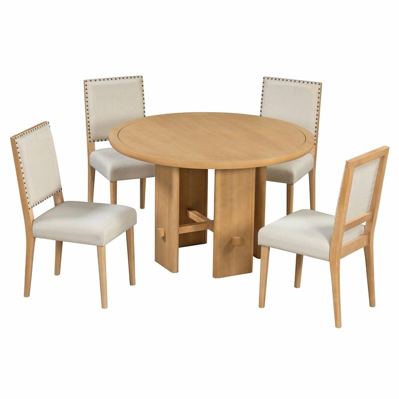 5-Piece Round Dining Table Set for 4 - Minimalist Farmhouse Design with 4 Solid Wood Upholstered Chairs