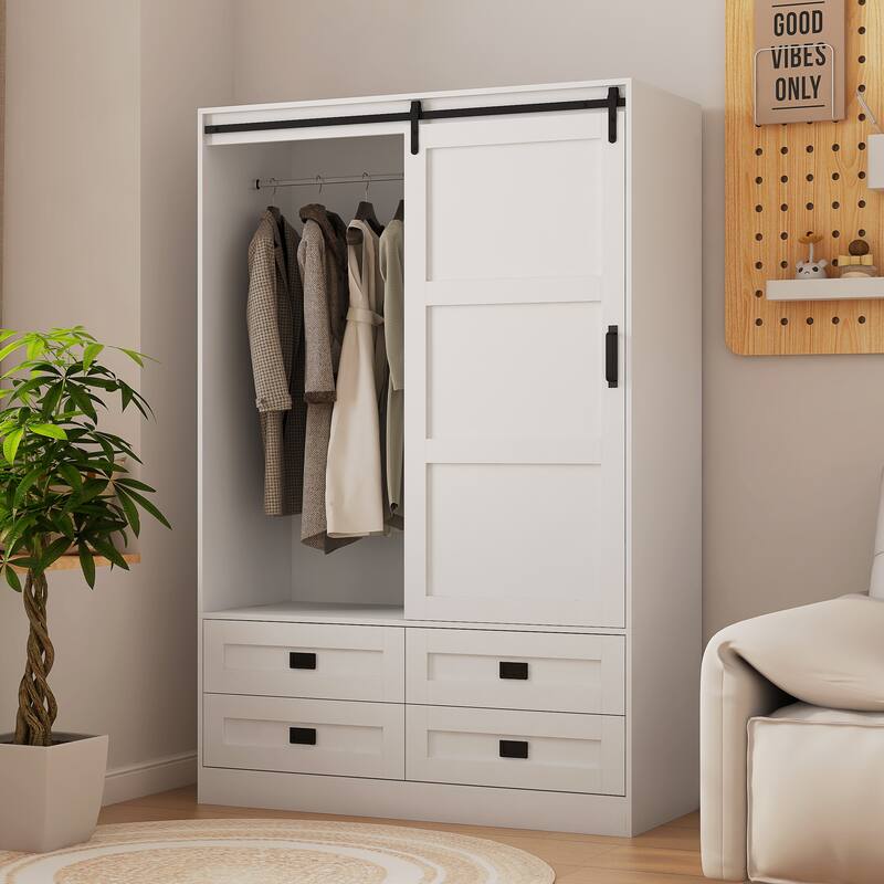 Classic Sliding Barn Door Wardrobe Bedroom Armoire Closet Clothing Storage Cabinet with Hanging Rod, Drawers & Open Shelves - White