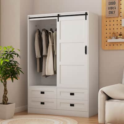Classic Sliding Barn Door Wardrobe Closet, Tall Bedroom Armoire Clothing Storage Cabinet with Hanging Rod, Shelves & 4 Drawers