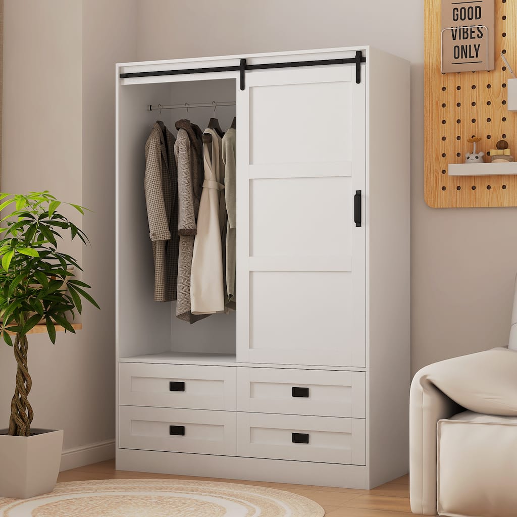 Classic Sliding Barn Door Wardrobe Closet, Tall Bedroom Armoire Clothing Storage Cabinet with Hanging Rod, Shelves & 4 Drawers