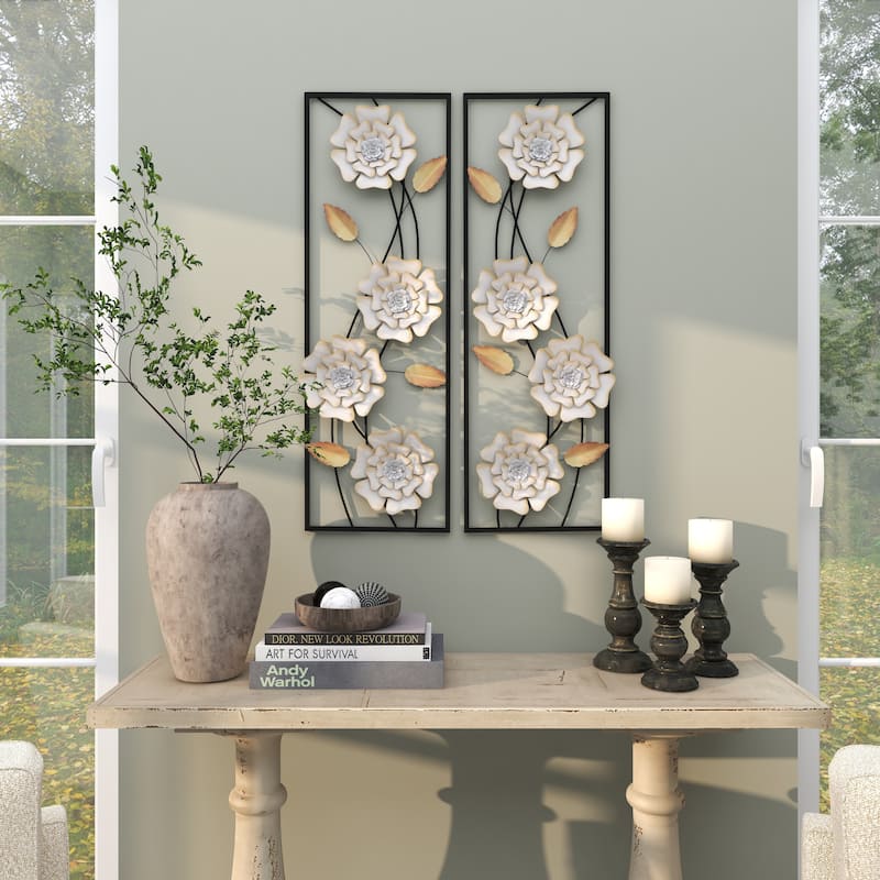 Metal Floral Dimensional Floating Home Wall Decor with Black and Gold Accents - Set of 2 White - Roche River Decor