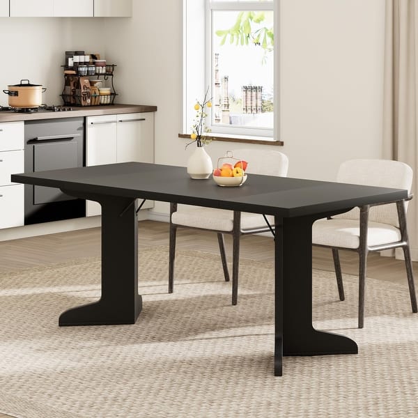 slide 2 of 8, 71" Large Dining Table for 6 to 8 People, Modern Dinner Table with Unique Wooden Legs, Rectangle Dining Table Black