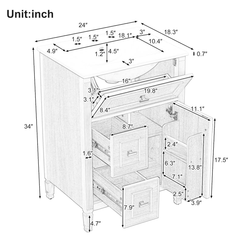 24 Inch Bathroom Vanity with Sink, Flip Drawer and Two Soft-Close Drawers