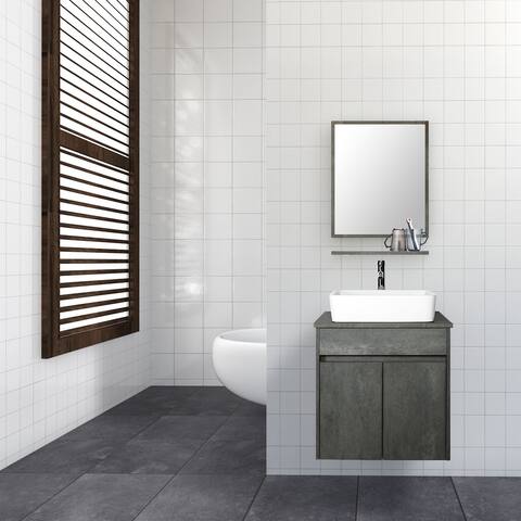 24" Bathroom Vanity Wall Mounted Grey Combo Ceramic/ Tempered Glass Sink Cabinet Vanity Set Mirror