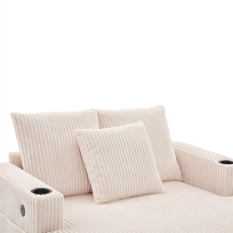 Modern Corduroy Oversized Recliner Sofa with Deep Seat, 3 Pillows, USB Charging, RGB LED Light Strip, Cup Holder, Side Pocket