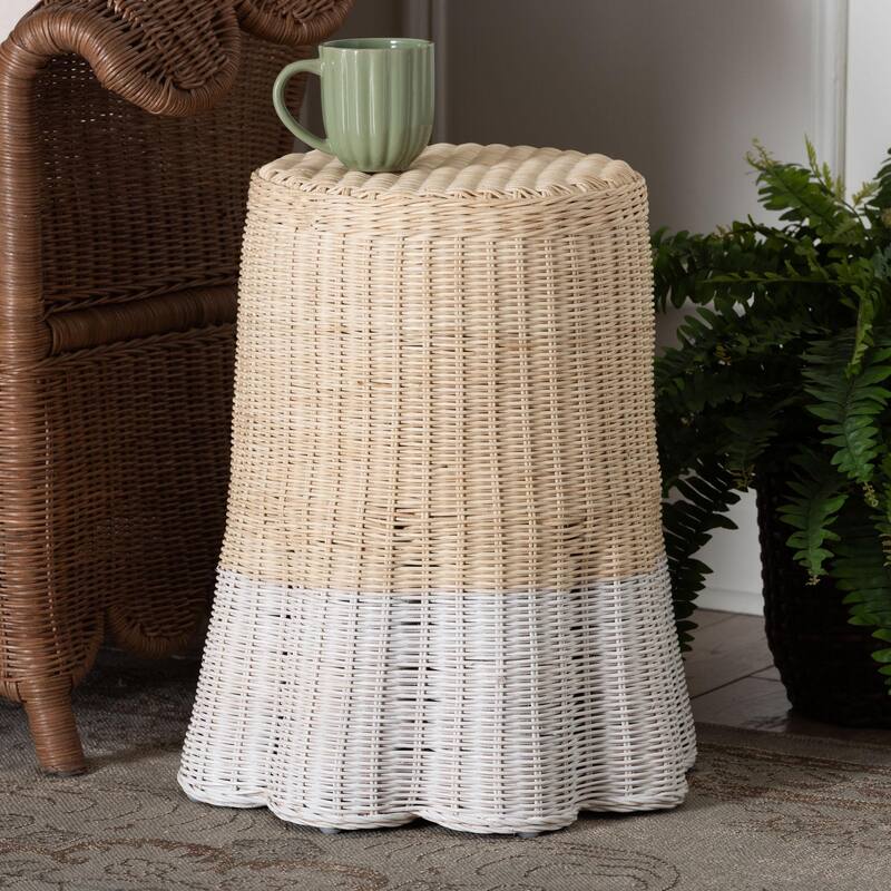 Sarna Natural Rattan End Table - Handwoven Wicker Accent Table with Scalloped Base and Two-Tone Finish, Boho Coastal Style