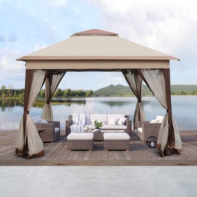 Outdoor 11x11Ft Pop Up Gazebo Canopy with Removable Zipper Netting, 2-Tier Soft Top Event Tent, for Backyard Garden Camping Area