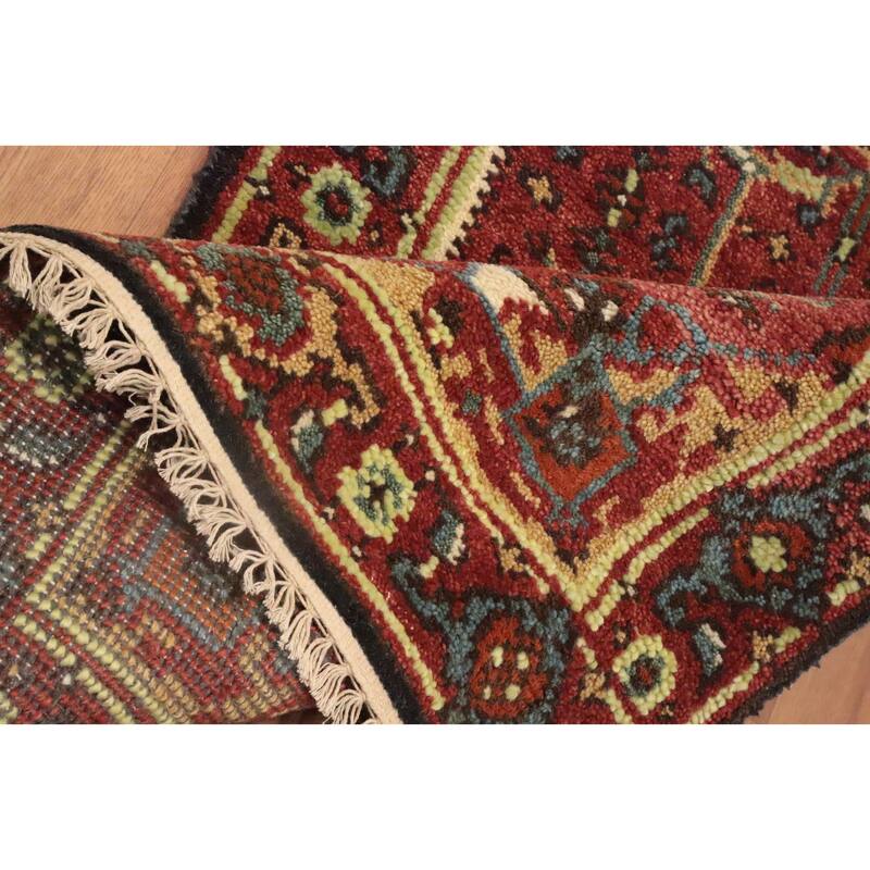 Hand Knotted Oriental 100% Wool Carpet Traditional Geometric Oranges & Rust Heriz (serapi) Runner Rug - 10' 0'' X 2' 6''