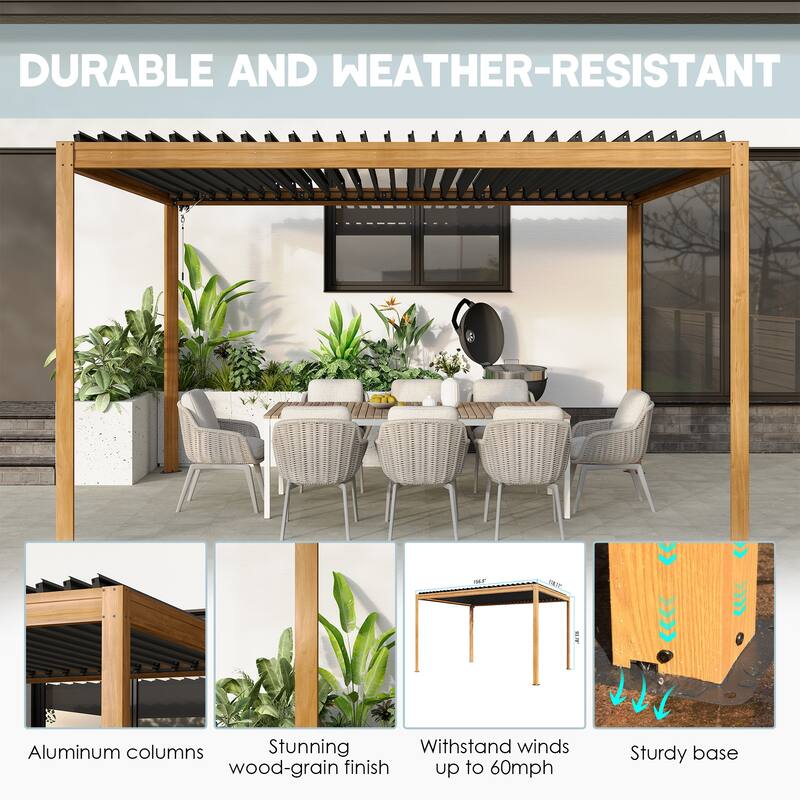 10X13FT Outdoor Aluminum Frame Louvered Pergola Gazebo with Adjustable Roof