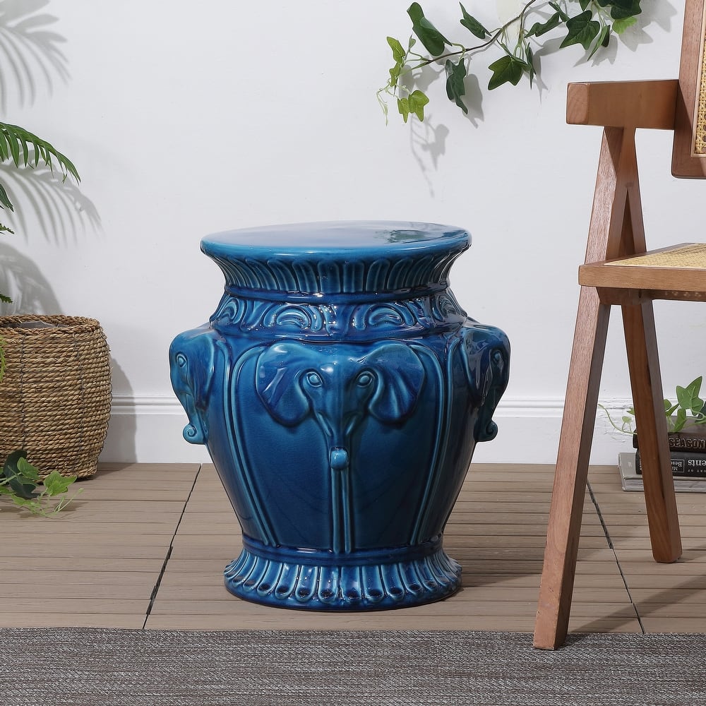 Anita 18" Classic Vintage Ceramic Indoor/Outdoor 4-Elephant Garden Stool, By