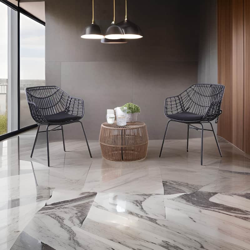 Zyan 3pc Outdoor Set, 2 Accent Chairs with Table, Black Steel, Brown Rattan