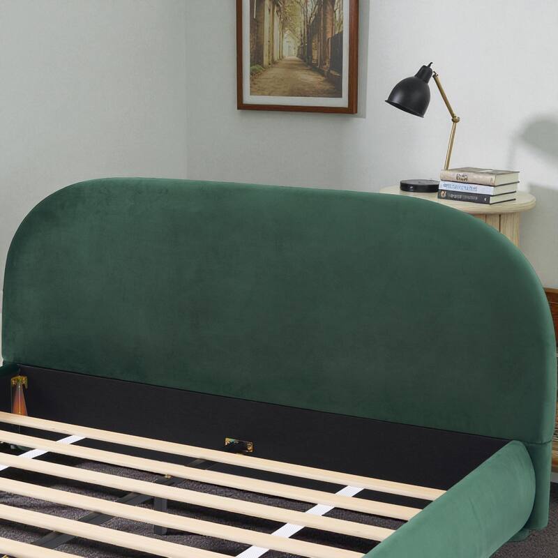 Modern Fabric Upholstered Bed with Curved Headboard, Strong Metal Frame, Queen/King Size Platform Bed