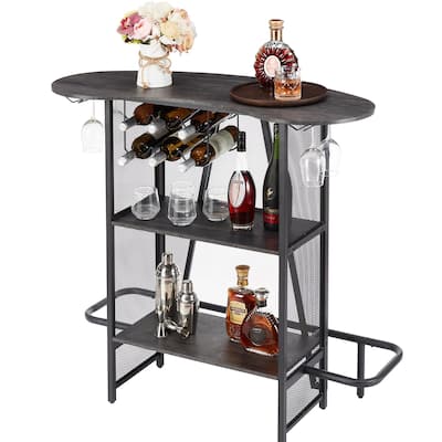VECELO Bar Unit Bar Cart with Metal Mesh Front, 3-Tier Wine Rack with Glasses Holder