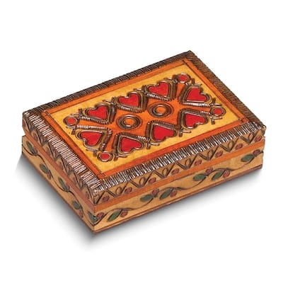 Curata Handcrafted Solid Wood Carved and Painted Hearts Keepsake Box