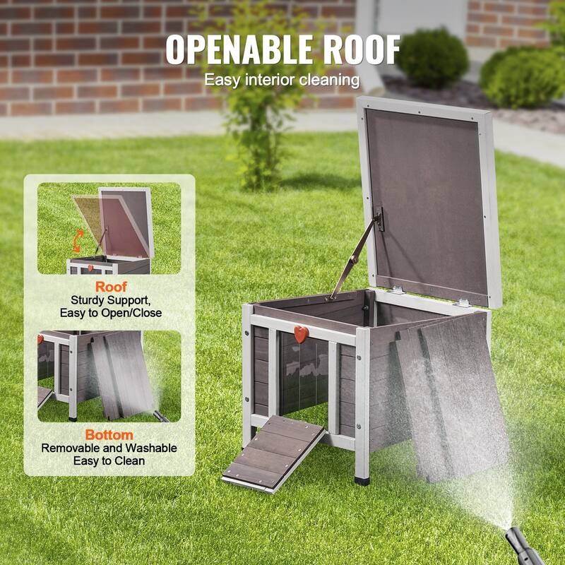 Grey Wooden Outdoor Cat House with Asphalt Openable Roof and Removable PVC Door - 21” x 17’ x 17”